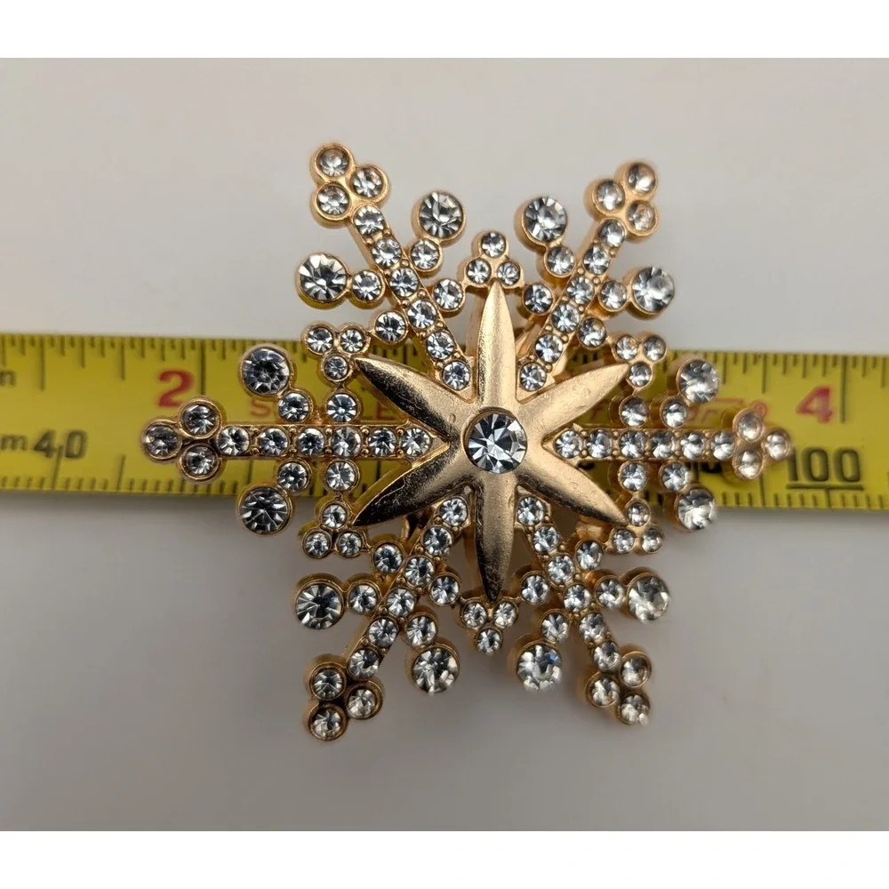 Gold Tone Rhinestone Snowflake Brooch Pin Holiday Winter Starburst Sparkle 2.25